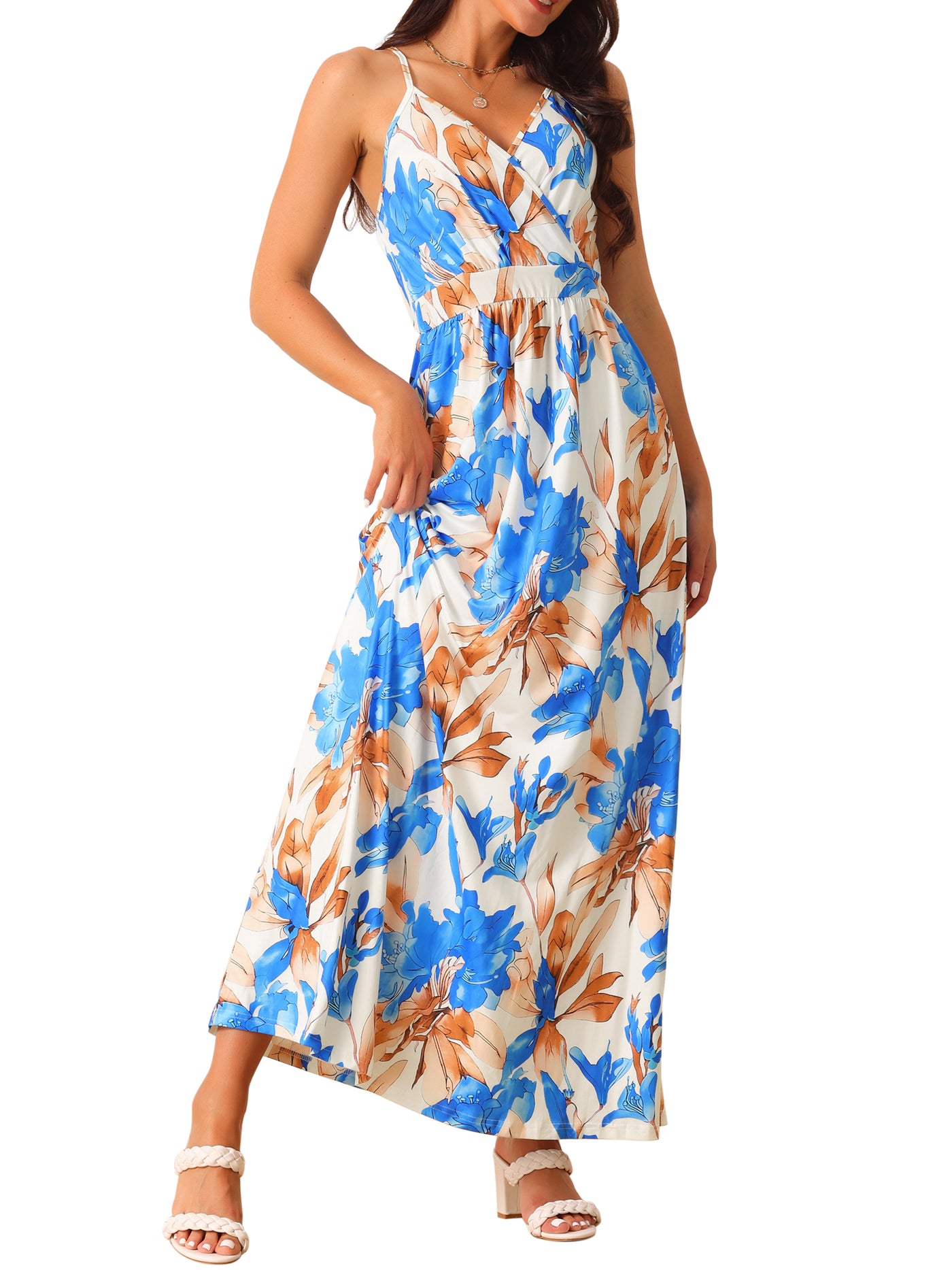 Bublédon Women's Summer V Neck Boho Sleeveless Maxi Dresses Adjustable Spaghetti Strap Dress Casual Floral Sundress