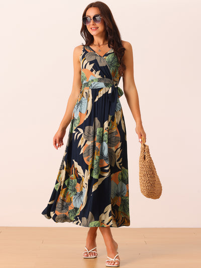 Women's Summer Boho Maxi Dresses V Neck Sleeveless Floral Flowy Split Hem Belted Casual Sundress