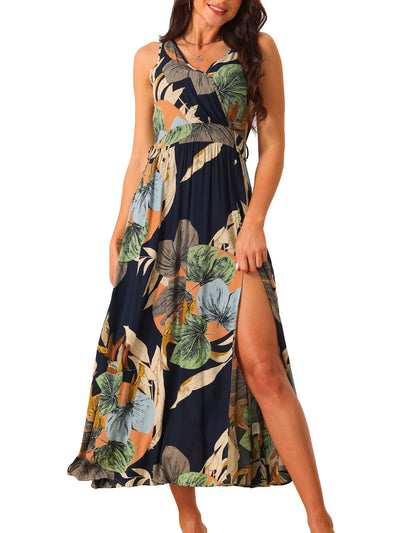 Women's Summer Boho Maxi Dresses V Neck Sleeveless Floral Flowy Split Hem Belted Casual Sundress