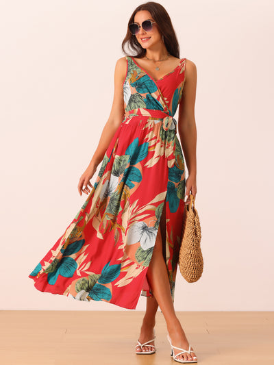 Women's Summer Boho Maxi Dresses V Neck Sleeveless Floral Flowy Split Hem Belted Casual Sundress