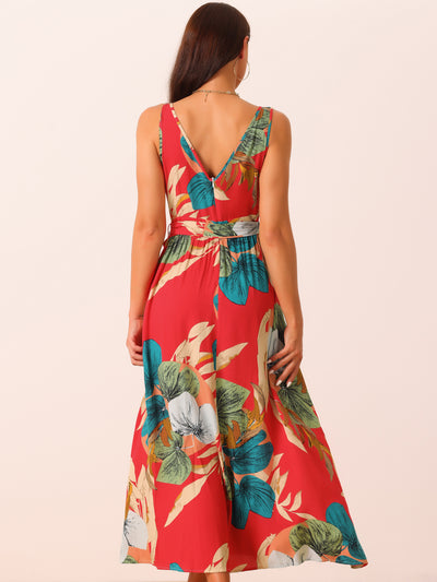 Women's Summer Boho Maxi Dresses V Neck Sleeveless Floral Flowy Split Hem Belted Casual Sundress