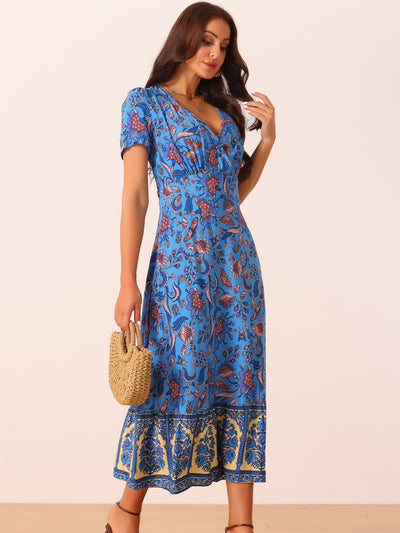 Women's Summer Deep Wrap V Neck Boho Dresses Short Sleeve Floral Midi Dress