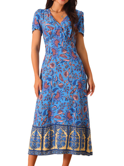 Women's Summer Deep Wrap V Neck Boho Dresses Short Sleeve Floral Midi Dress