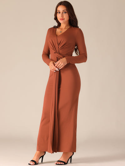 Women's Long Sleeve V Neck Split Hem Bodycon Maxi Cocktail Party Dress