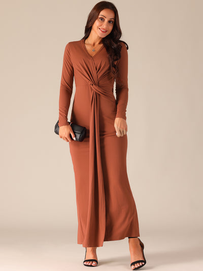 Women's Long Sleeve V Neck Split Hem Bodycon Maxi Cocktail Party Dress