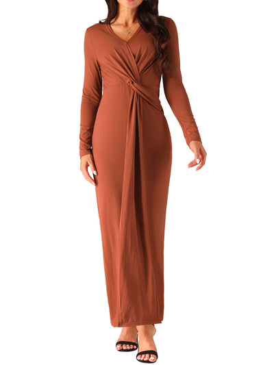 Women's Long Sleeve V Neck Split Hem Bodycon Maxi Cocktail Party Dress