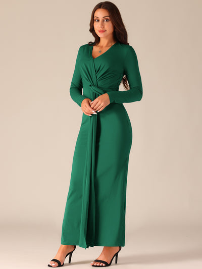 Women's Long Sleeve V Neck Split Hem Bodycon Maxi Cocktail Party Dress