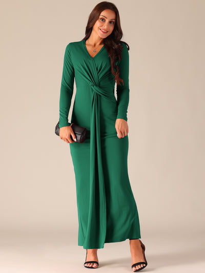 Women's Long Sleeve V Neck Split Hem Bodycon Maxi Cocktail Party Dress