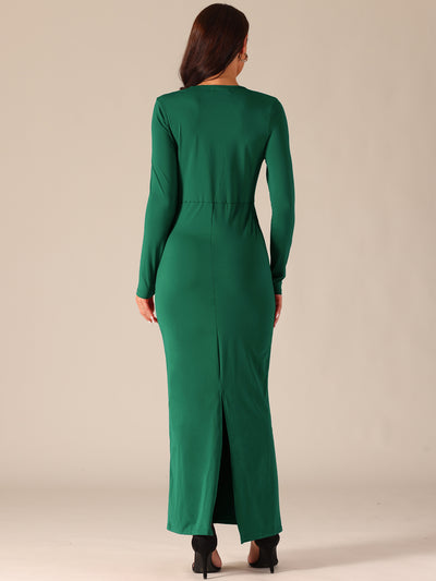 Women's Long Sleeve V Neck Split Hem Bodycon Maxi Cocktail Party Dress