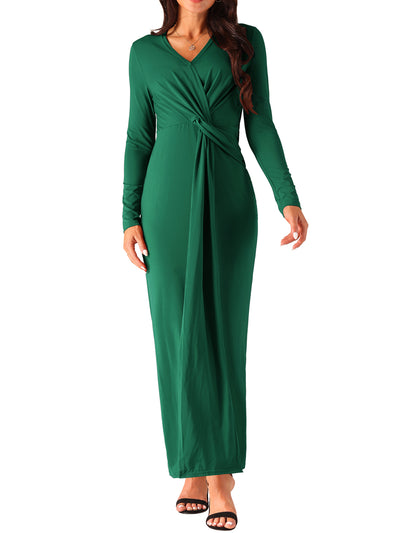 Women's Long Sleeve V Neck Split Hem Bodycon Maxi Cocktail Party Dress