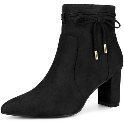 Pointed Toe Bow Block Heel Ankle Boots for Women