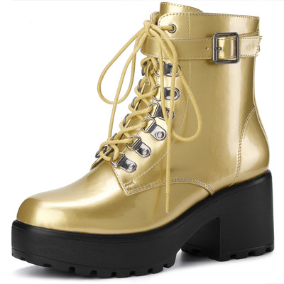 Bublédon Round Toe Platform Chunky Heels Combat Boots for Women