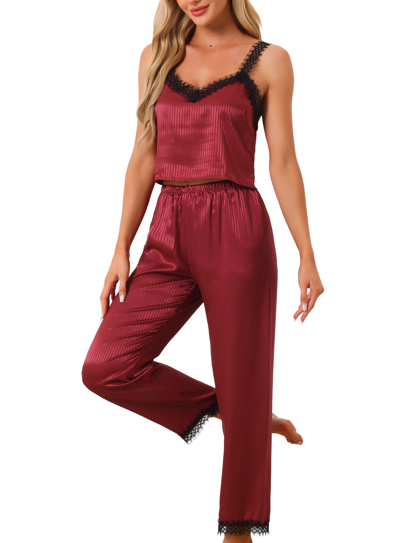 Bublédon Womens Satin Pajama Set Lace Trim 2 Piece Pjs Cami Sleepwear with Long Pants Loungewear