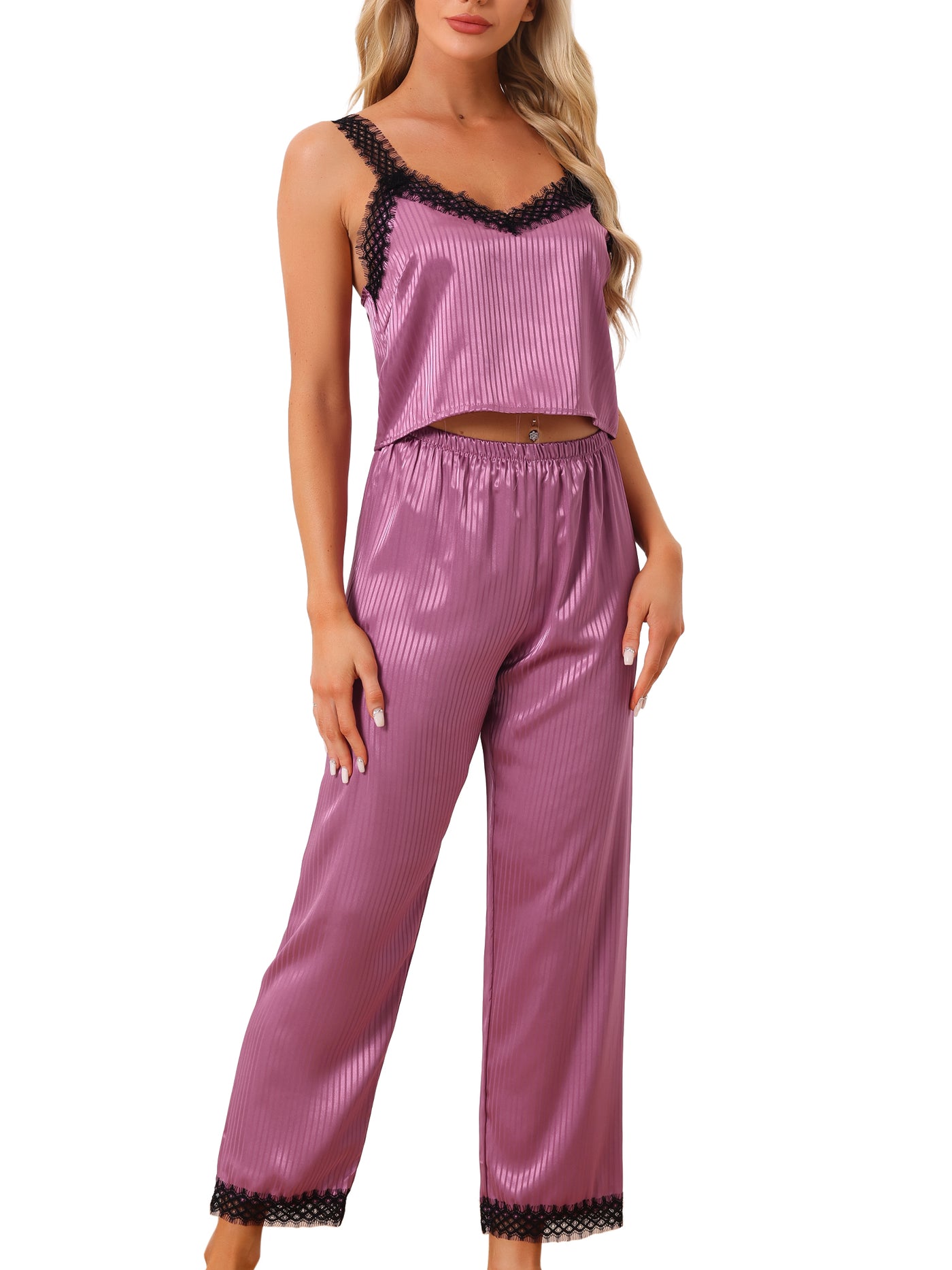 Bublédon Womens Satin Pajama Set Lace Trim 2 Piece Pjs Cami Sleepwear with Long Pants Loungewear