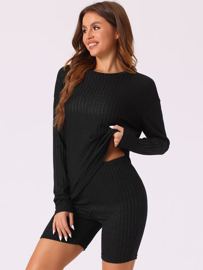 Womens Pajamas 2 Piece Sets Ribbed Knit Outfits Long Sleeved Top with Slim Biker Shorts Lounge Set