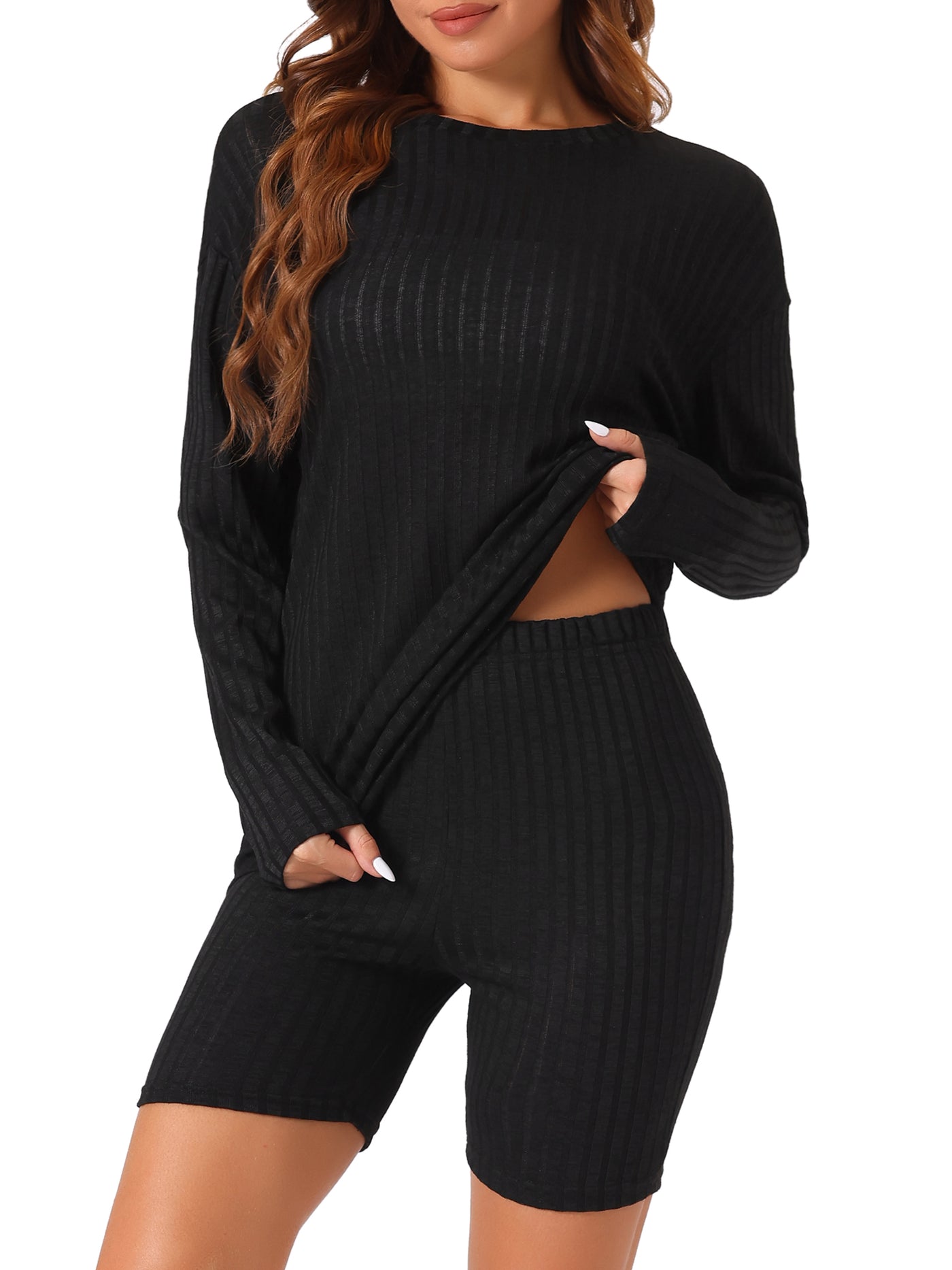 Bublédon Womens Pajamas 2 Piece Sets Ribbed Knit Outfits Long Sleeved Top with Slim Biker Shorts Lounge Set