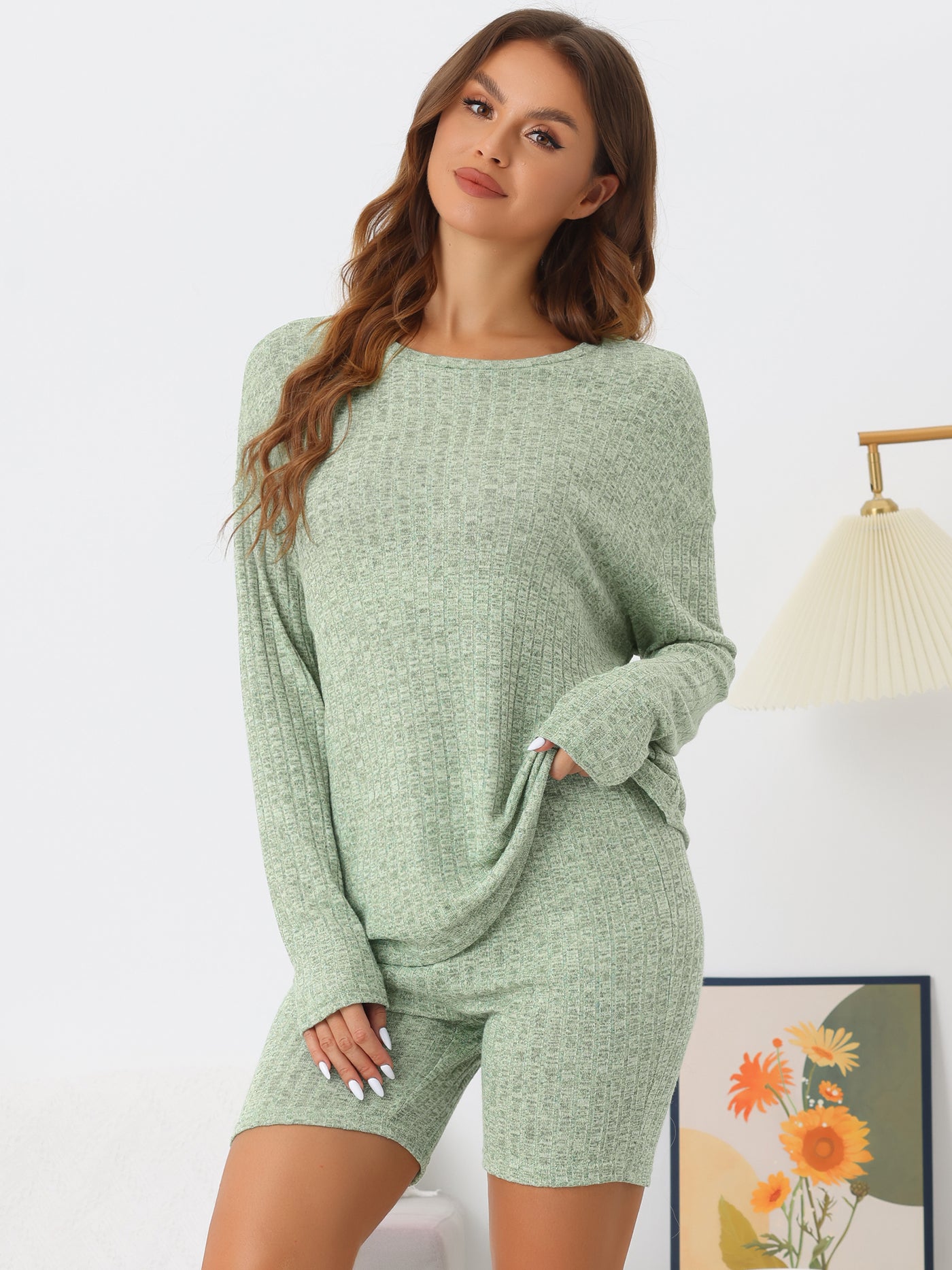 Bublédon Womens Pajamas 2 Piece Sets Ribbed Knit Outfits Long Sleeved Top with Slim Biker Shorts Lounge Set