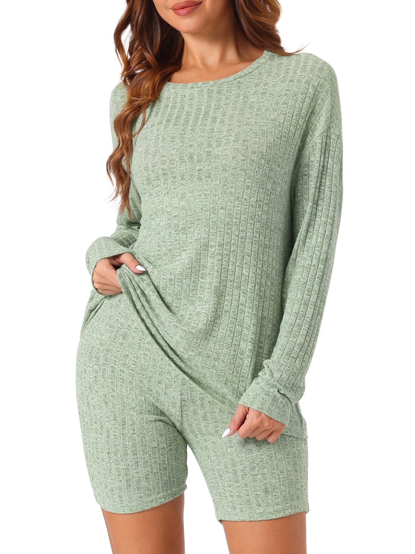 Bublédon Womens Pajamas 2 Piece Sets Ribbed Knit Outfits Long Sleeved Top with Slim Biker Shorts Lounge Set