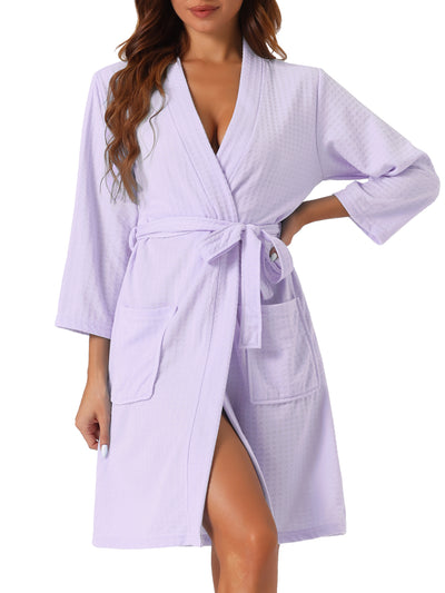 Womens Waffle Bathrobe Soft Kimono Spa & Bath Mid-Length Robes