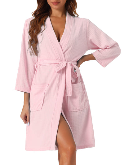 Womens Waffle Bathrobe Soft Kimono Spa & Bath Mid-Length Robes