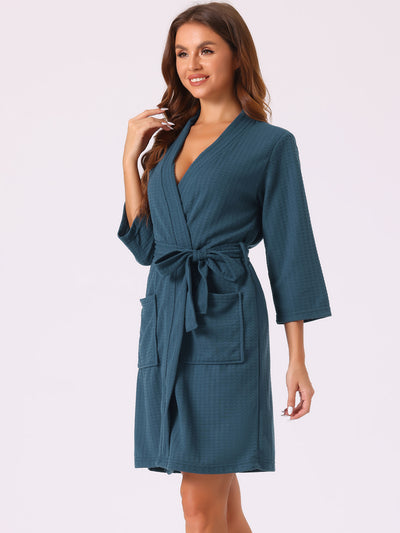 Womens Waffle Bathrobe Soft Kimono Spa & Bath Mid-Length Robes