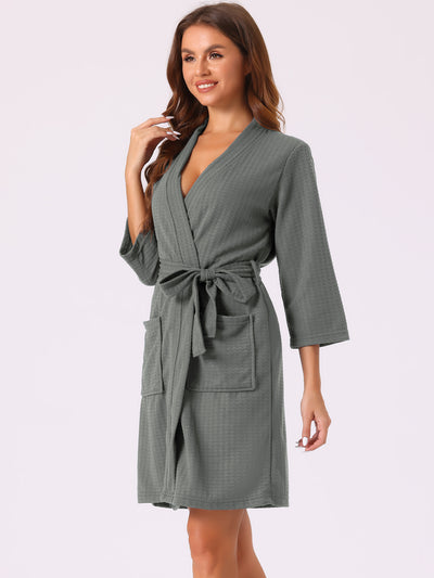 Womens Waffle Bathrobe Soft Kimono Spa & Bath Mid-Length Robes