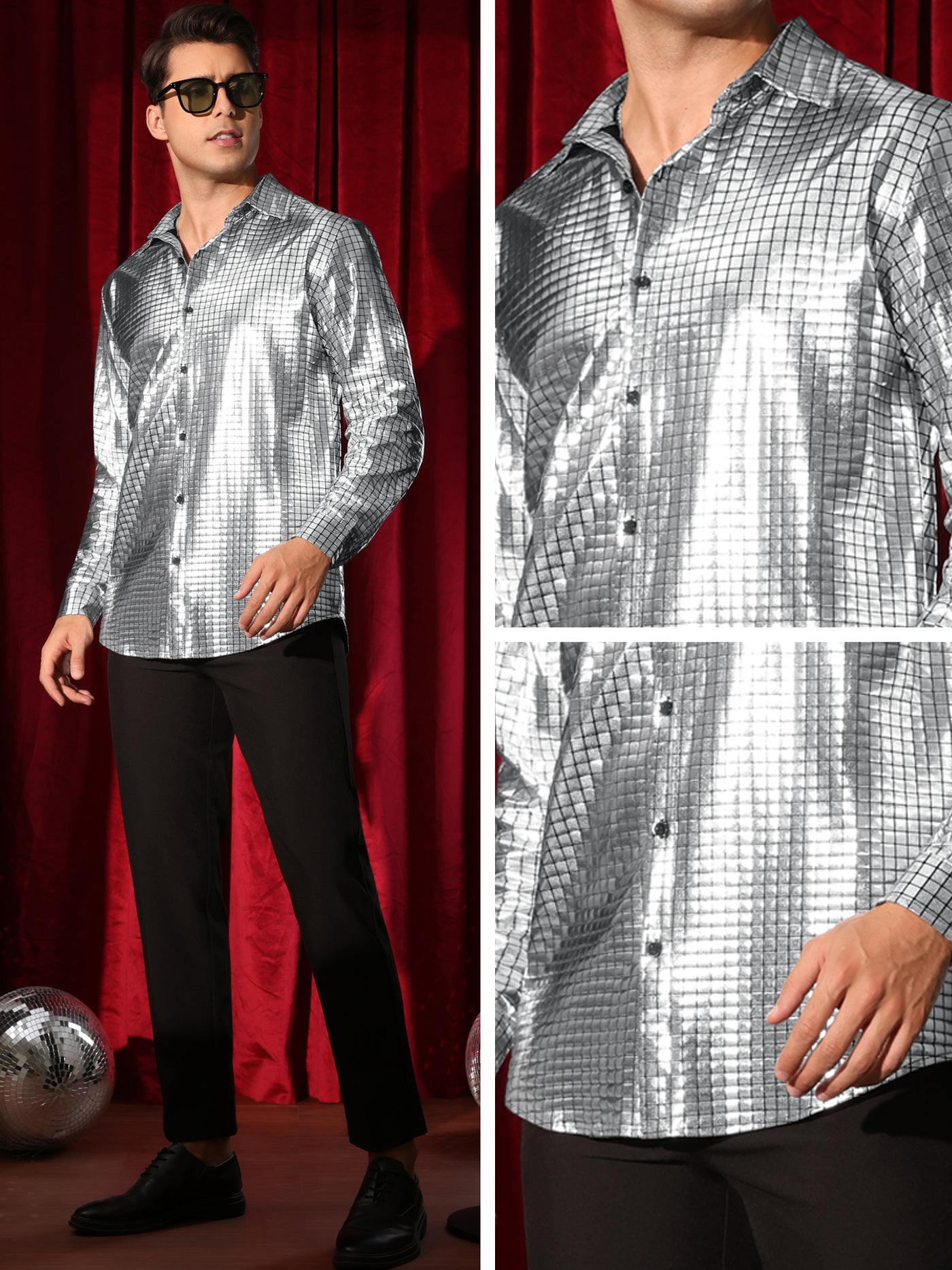 Bublédon Metallic Shirt for Men's Long Sleeves Button Down Nightclub Party Shiny Shirts