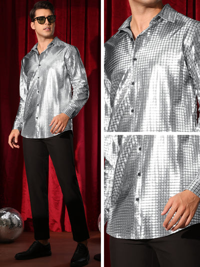 Metallic Shirt for Men's Long Sleeves Button Down Nightclub Party Shiny Shirts