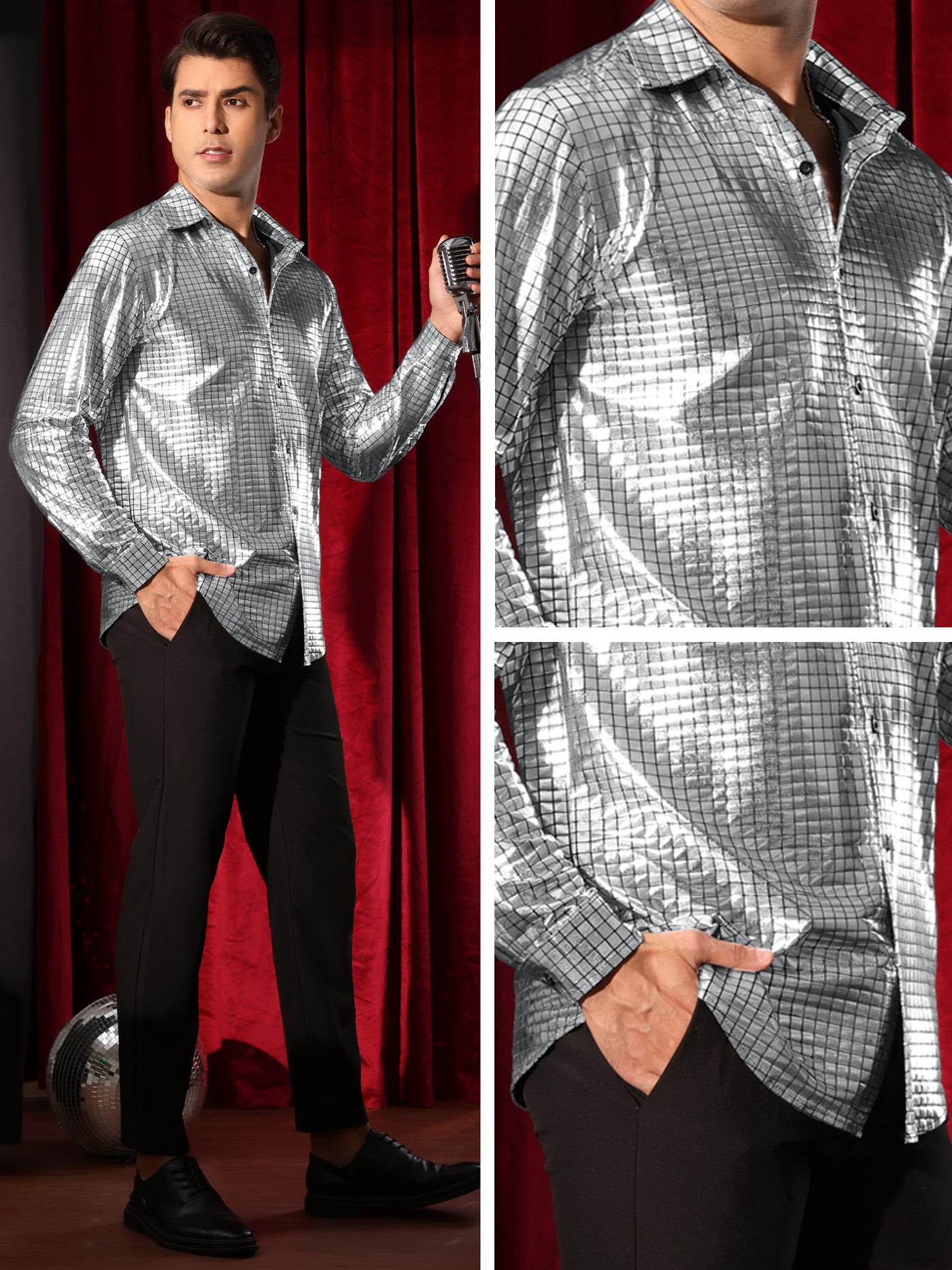 Bublédon Metallic Shirt for Men's Long Sleeves Button Down Nightclub Party Shiny Shirts