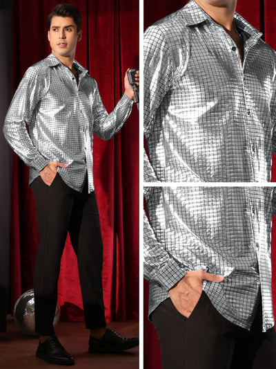 Metallic Shirt for Men's Long Sleeves Button Down Nightclub Party Shiny Shirts