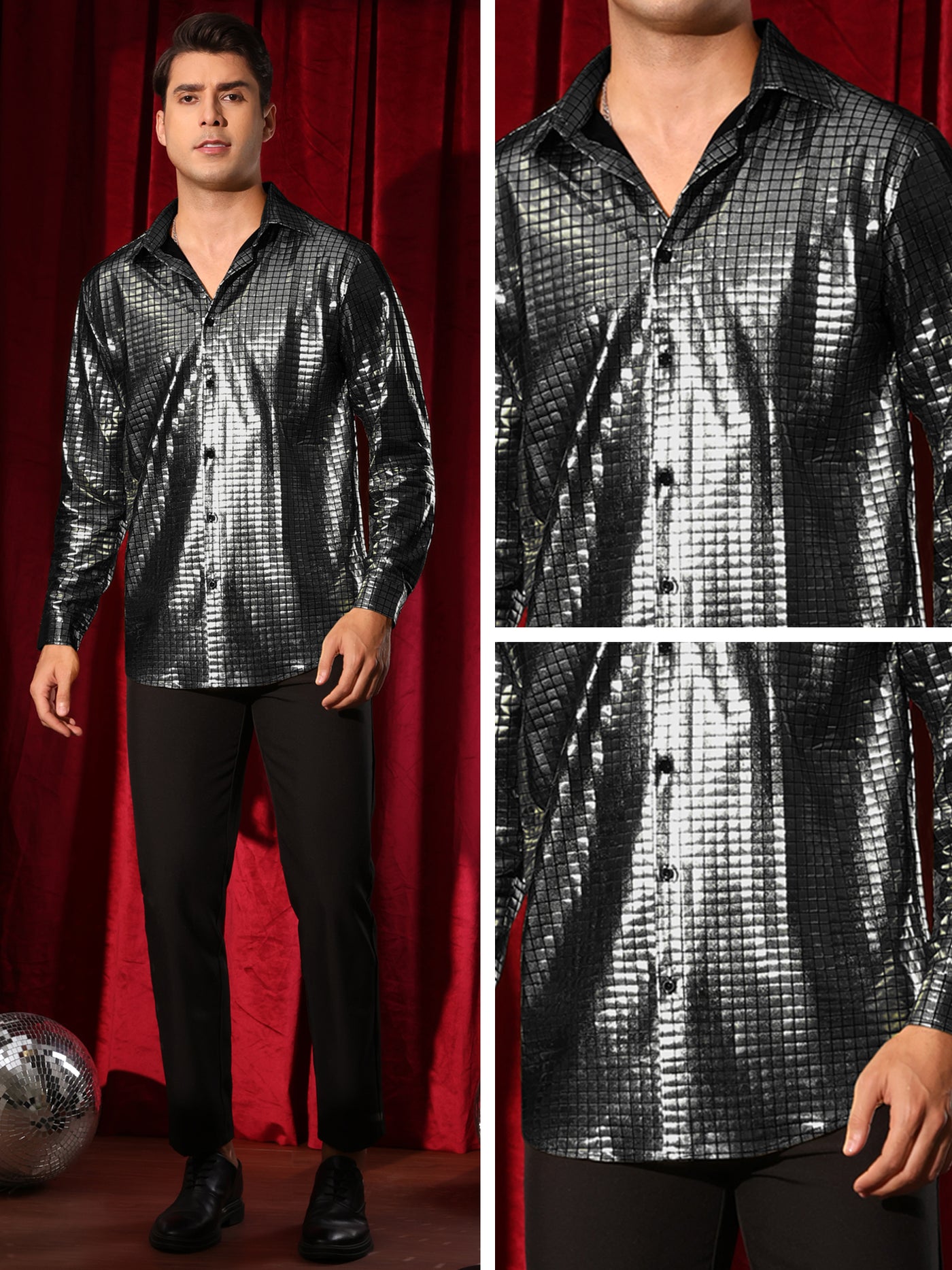 Bublédon Metallic Shirt for Men's Long Sleeves Button Down Nightclub Party Shiny Shirts