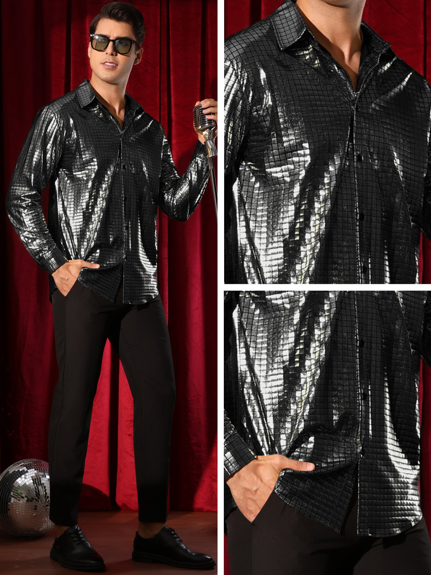 Bublédon Metallic Shirt for Men's Long Sleeves Button Down Nightclub Party Shiny Shirts