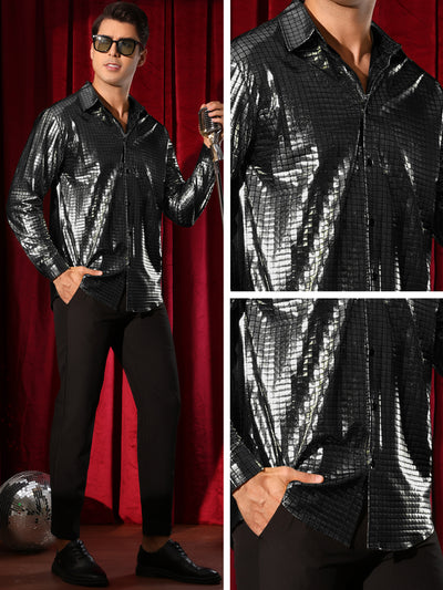 Metallic Shirt for Men's Long Sleeves Button Down Nightclub Party Shiny Shirts