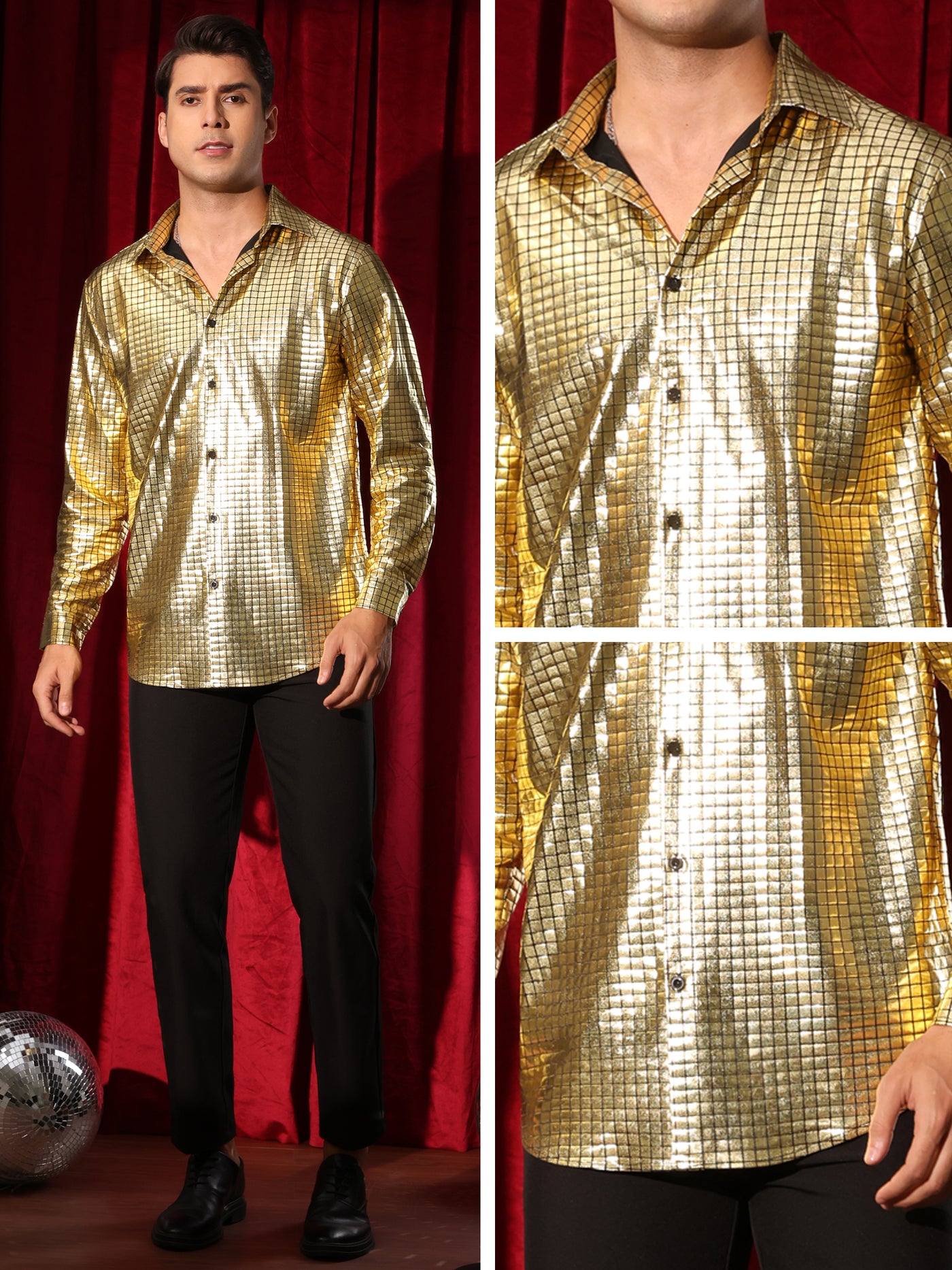 Bublédon Metallic Shirt for Men's Long Sleeves Button Down Nightclub Party Shiny Shirts