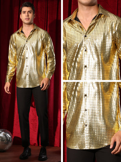 Metallic Shirt for Men's Long Sleeves Button Down Nightclub Party Shiny Shirts