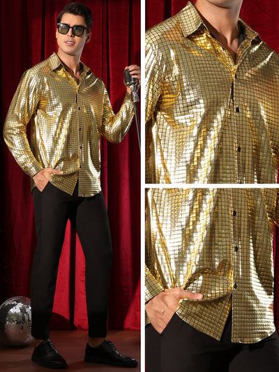 Metallic Shirt for Men's Long Sleeves Button Down Nightclub Party Shiny Shirts