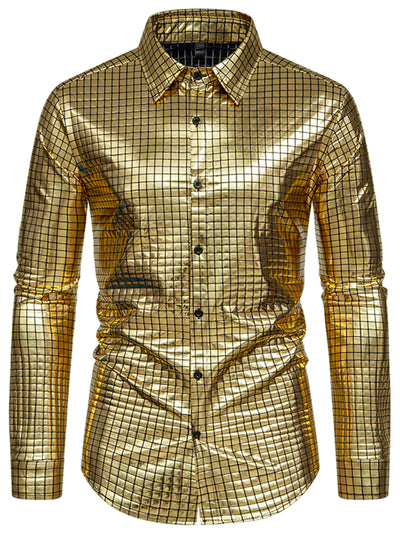 Metallic Shirt for Men's Long Sleeves Button Down Nightclub Party Shiny Shirts