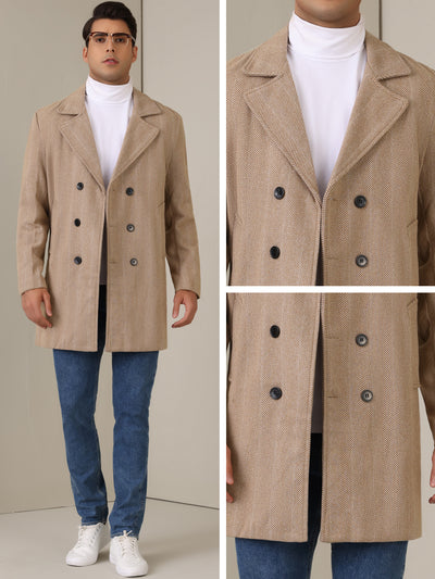 Double Breasted Trench Coats for Men's Herringbone Printed Notched Collar Winter Overcoats