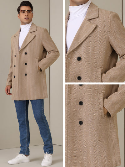 Double Breasted Trench Coats for Men's Herringbone Printed Notched Collar Winter Overcoats