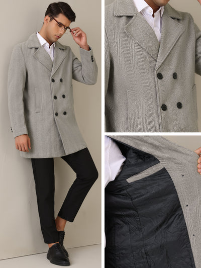 Double Breasted Trench Coats for Men's Herringbone Printed Notched Collar Winter Overcoats