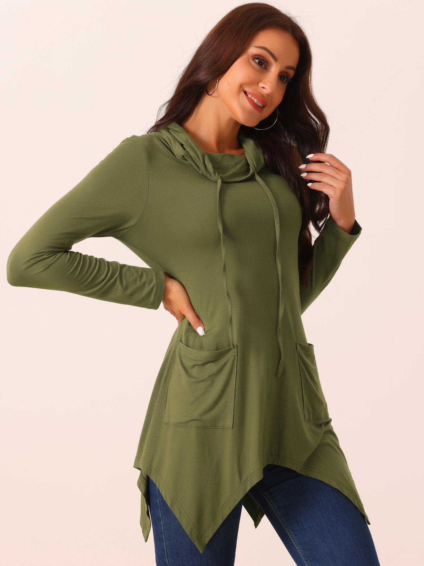 Bublédon Women's Long Sleeve Cowl Neck Asymmetrical Hem Tunic Tops with Pockets