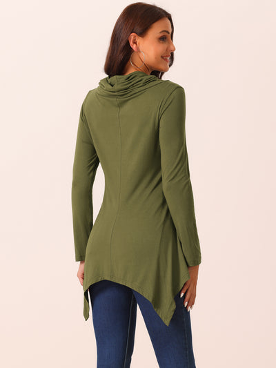 Women's Long Sleeve Cowl Neck Asymmetrical Hem Tunic Tops with Pockets