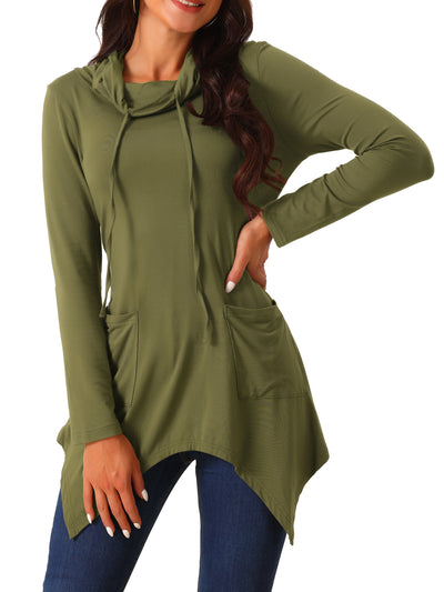 Women's Long Sleeve Cowl Neck Asymmetrical Hem Tunic Tops with Pockets