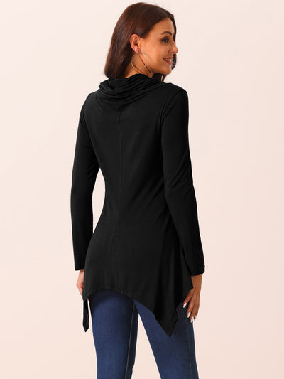 Women's Long Sleeve Cowl Neck Asymmetrical Hem Tunic Tops with Pockets