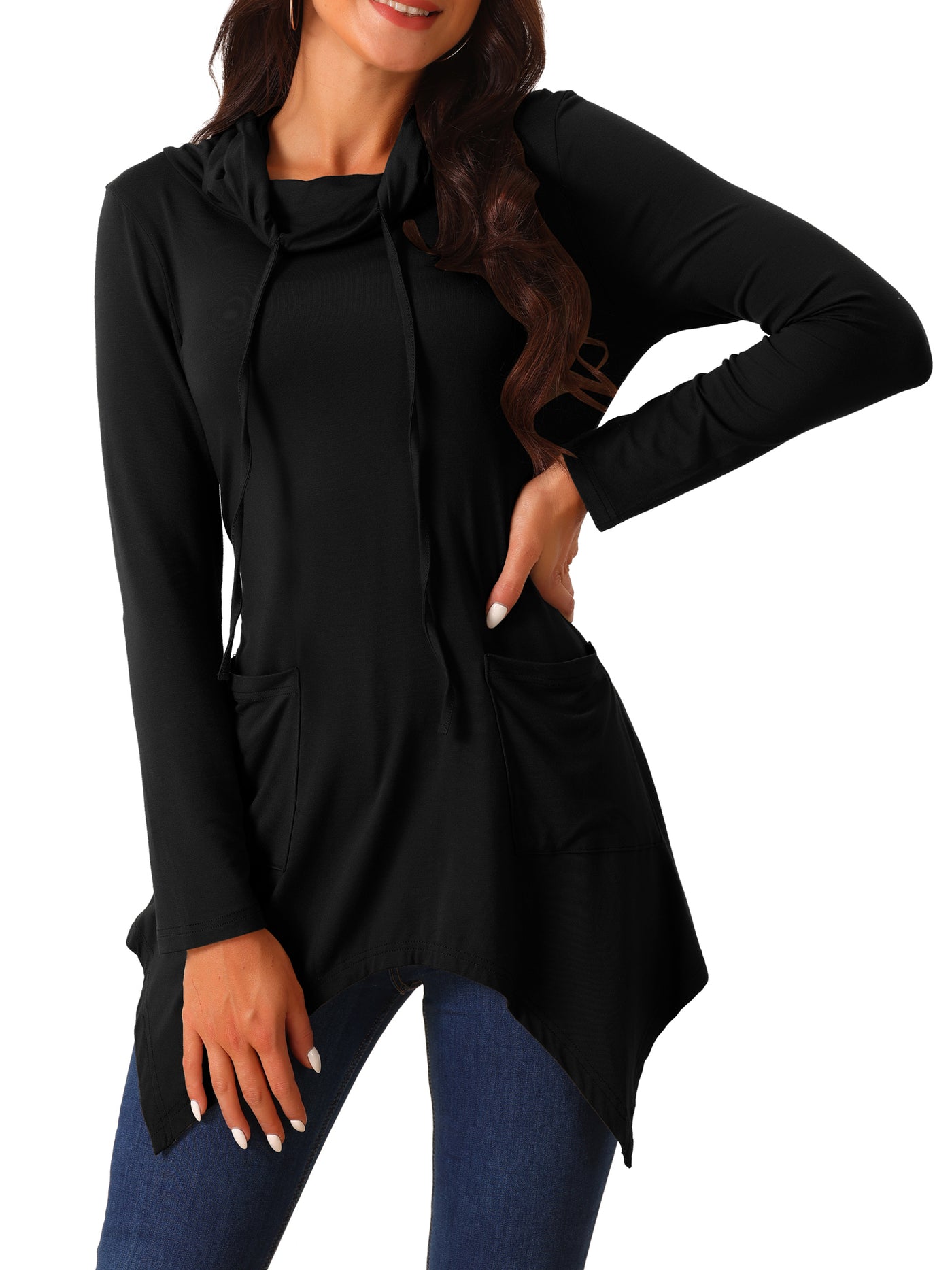 Bublédon Women's Long Sleeve Cowl Neck Asymmetrical Hem Tunic Tops with Pockets