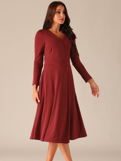 Women's Fall Faux Wrap V Neck Puff Long Sleeve Midi Swing Dress with Pockets