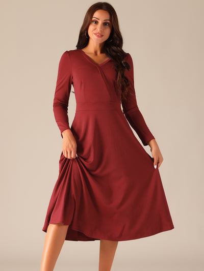 Women's Fall Faux Wrap V Neck Puff Long Sleeve Midi Swing Dress with Pockets