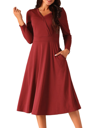 Women's Fall Faux Wrap V Neck Puff Long Sleeve Midi Swing Dress with Pockets