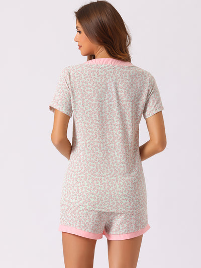 Women's Short Sleeve Loungewear 2 Piece Pjs V Neck Pullover Tops & Floral Shorts Pajama Set