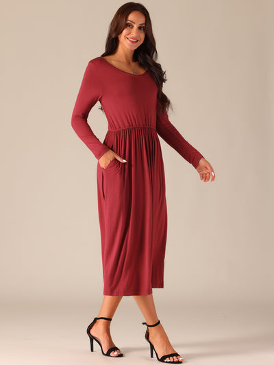 Women's V Neck Long Sleeve High Waist Midi Swing Dress with Pockets